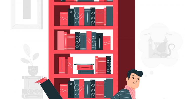 A boy reading in front of bookshelf